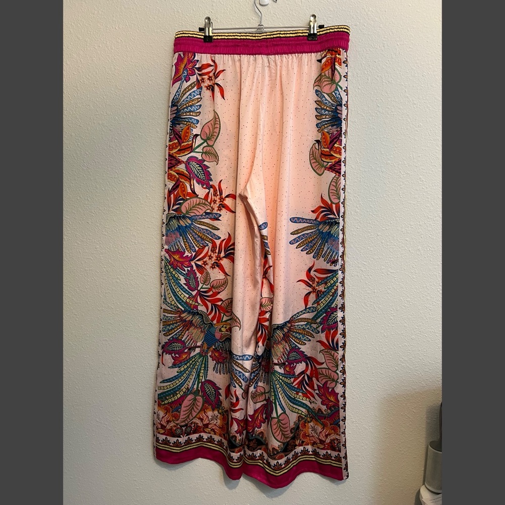 #1648 Rachel Zoe Satin Lounge Wide Leg Pants Tropical Floral size Large - Picture 4 of 6